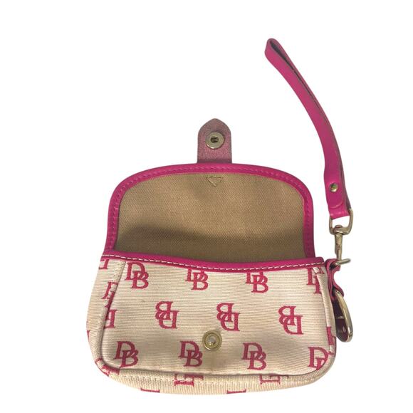 Dooney & Bourke Cream Logo Canvas Wristlet Pouch Pink Leather Trim Snap Wallet - Picture 7 of 12